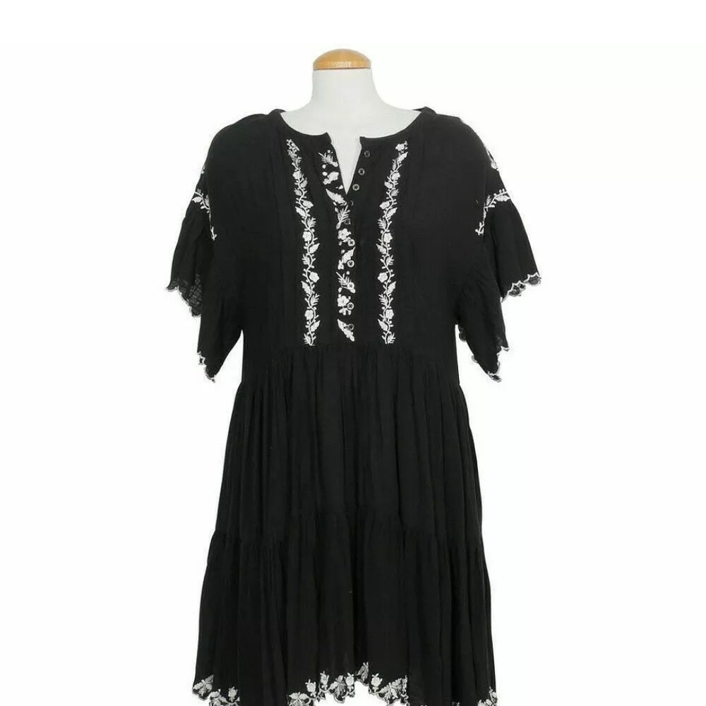 Free People Santiago Black and White Ruffled Mini with Flutter Sleeves